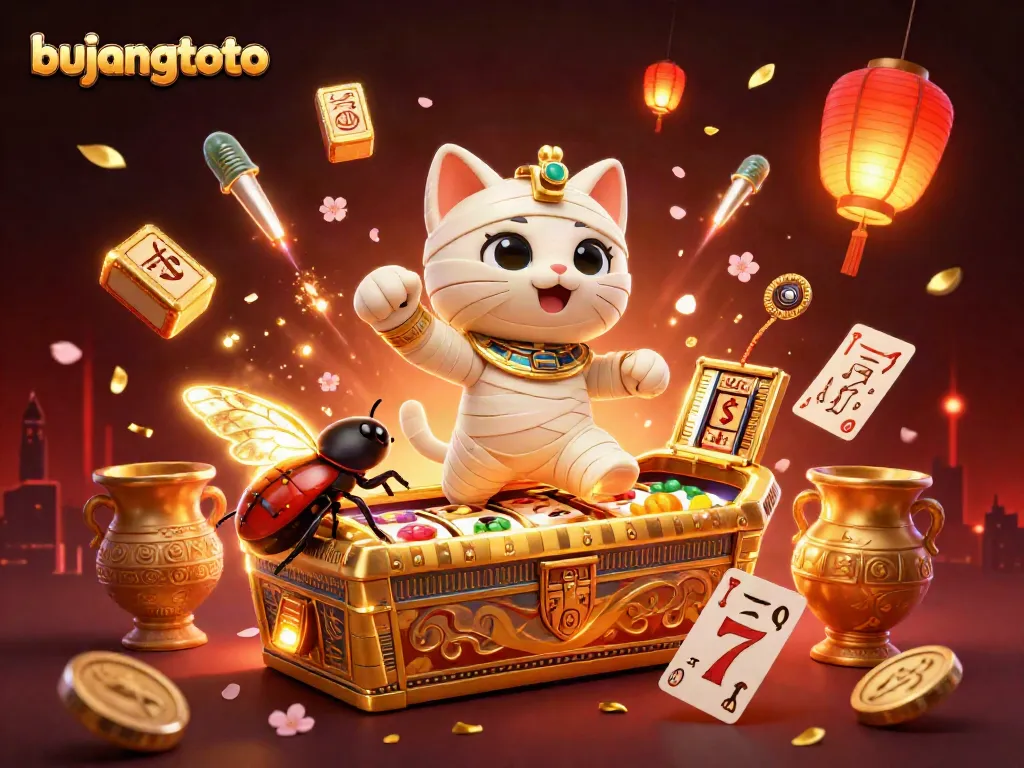 Engage with bujangtoto as a vibrant mummy cat emerges in a thrilling pyramid casino atmosphere.