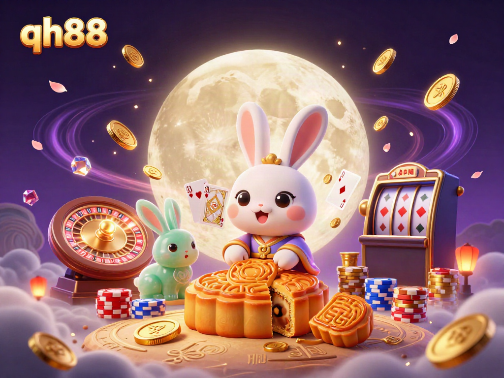 Experience thrilling gameplay at qh88 with a magical moon rabbit cracking mooncakes to reveal poker chips.