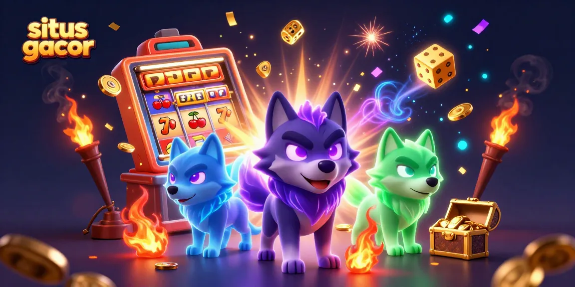 Situs gacor showcases a dynamic casino scene with cartoon wolves amidst slots and treasures.