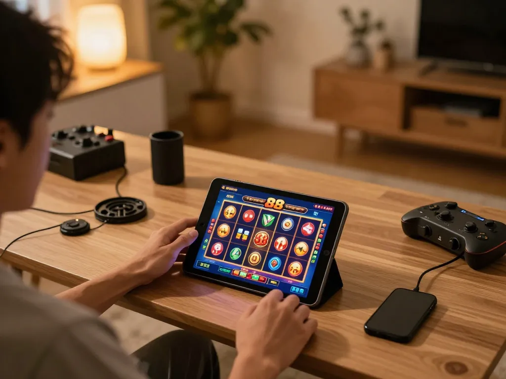 Engaging in online slots with slot88 apk on tablet in a cozy home setting, capturing the excitement of mobile gaming