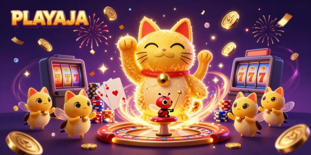 PlayAJA winning action featuring dynamic casino symbols and golden fireflies in a festive scene.