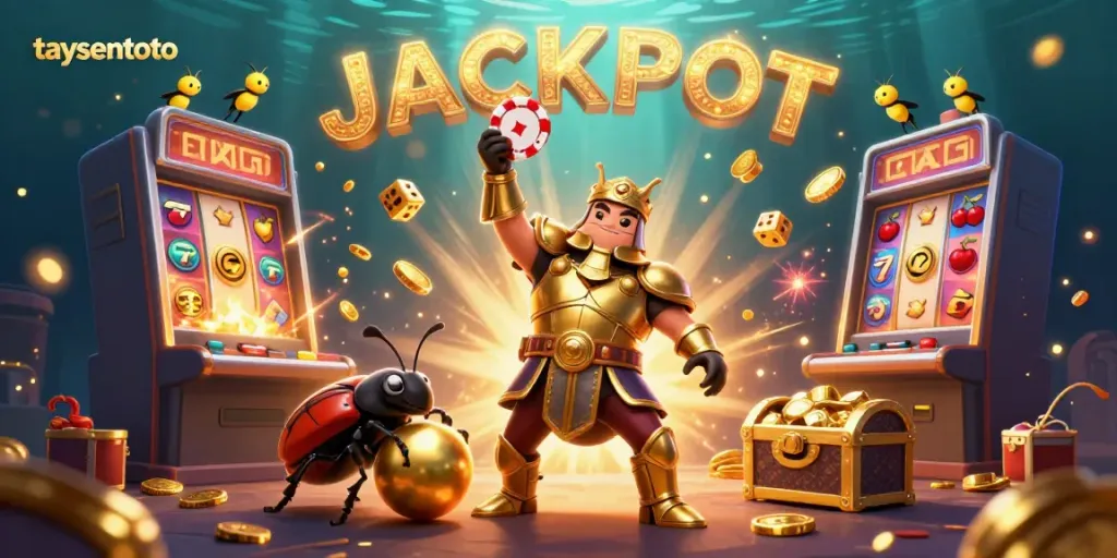 Taysentoto's thrilling jackpot celebration with a gladiator beetle and dazzling casino elements