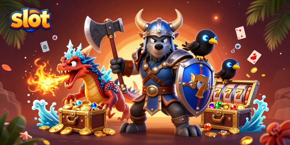 Menang taruhan slot dalam suasana ceria bersama karakter kartun Viking, naga, dan burung gagak.