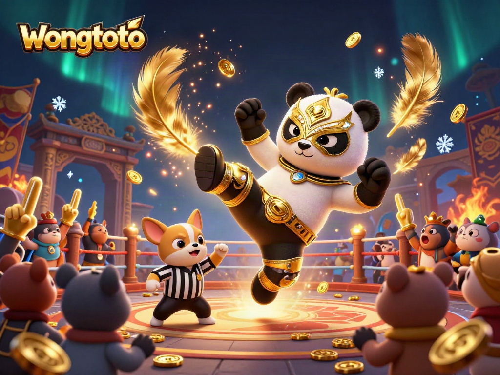Engage in thrilling gaming with wongtoto as the panda wrestler leaps, amidst animal fans at a vibrant casino