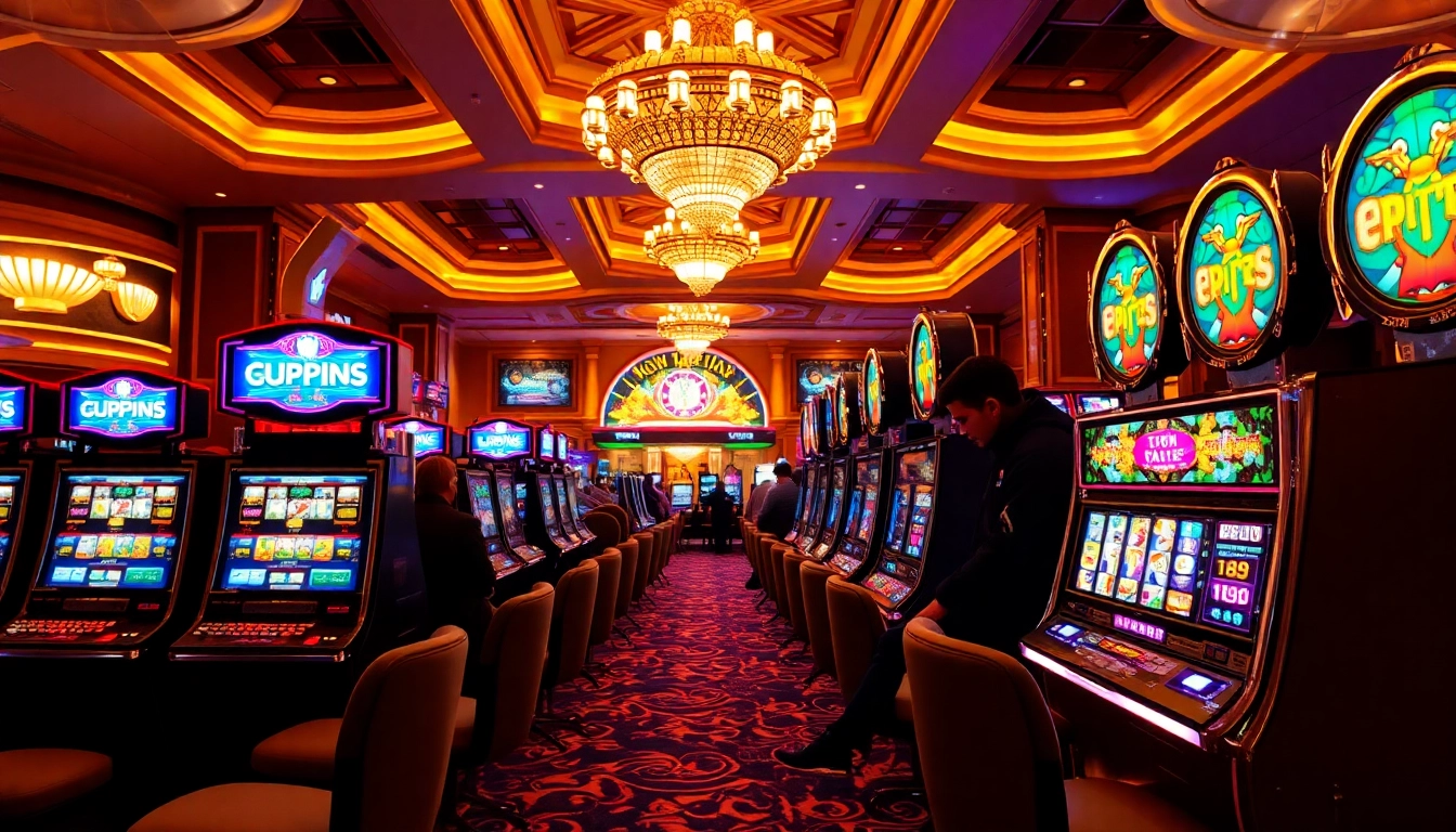 Permainan slot yang menarik di dalam kasino yang glamor dengan pencahayaan cerah.