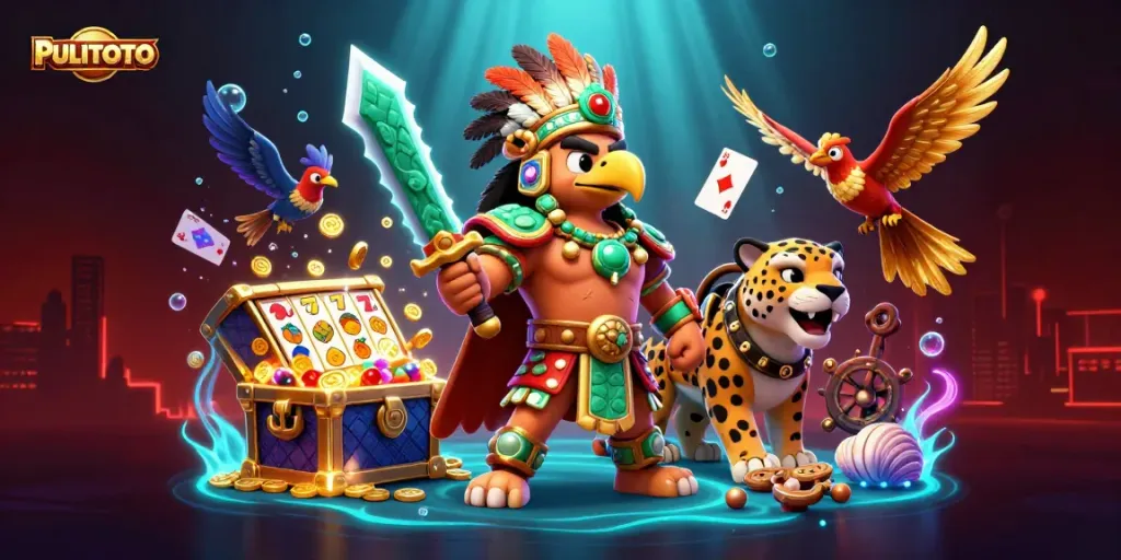 PULITOTO showcases a vibrant 3D illustration of an Aztec warrior and jaguar, surrounded by dynamic slots action.