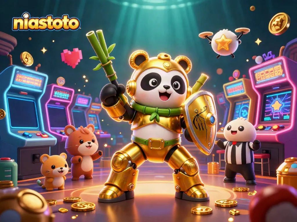 Gambarkan dunia penuh keceriaan di niastoto dengan panda emas pilot robot pertempuran dalam adegan berdimensi, penuh warna.