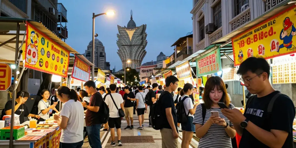 Suasana meriah pasar malam di Macau, hasil Toto Macau 4D dipromosikan di setiap stan.