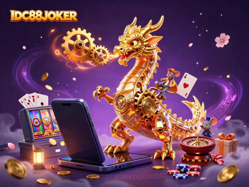Experience IDC88JOKER excitement with a golden dragon and vibrant slot game elements.