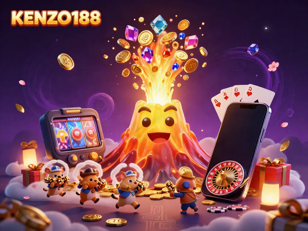 KENZO188 merayakan permainan slot dengan gunung berapi uang dan hewan penjelajah yang melarikan diri dengan harta karun.