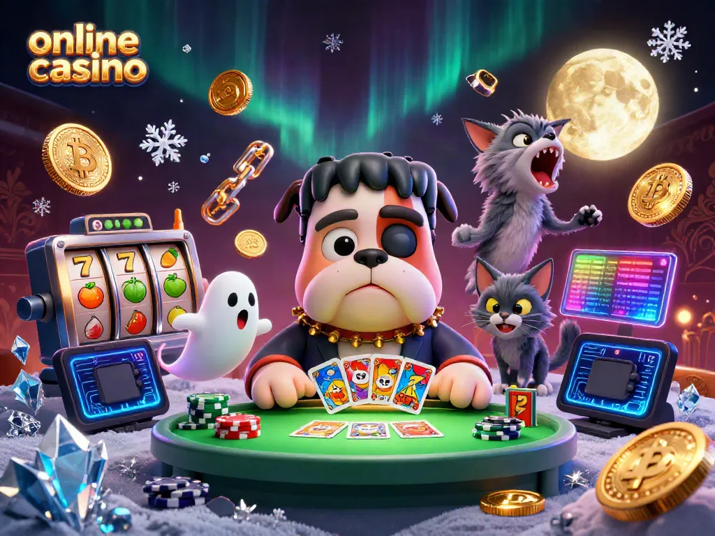 Enjoy thrilling online casino action as the Frankenstein bulldog deals cards at a spooky table!