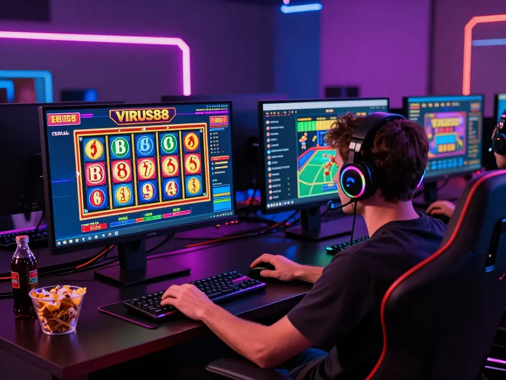 Pengaturan permainan online VIRUS88 yang menarik dengan gulungan slot yang cerah dan lampu neon.