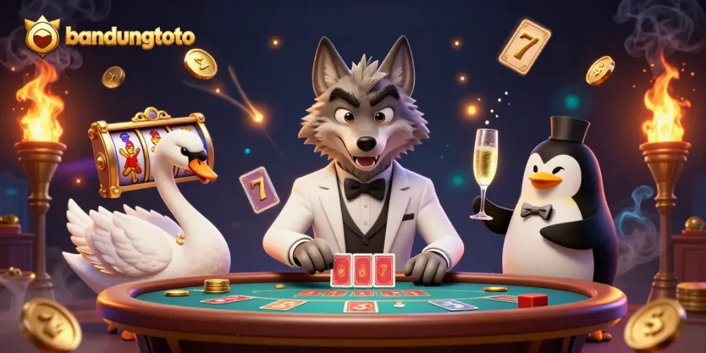 Experience exciting baccarat and gaming action at bandungtoto with a debonair wolf dealing cards.