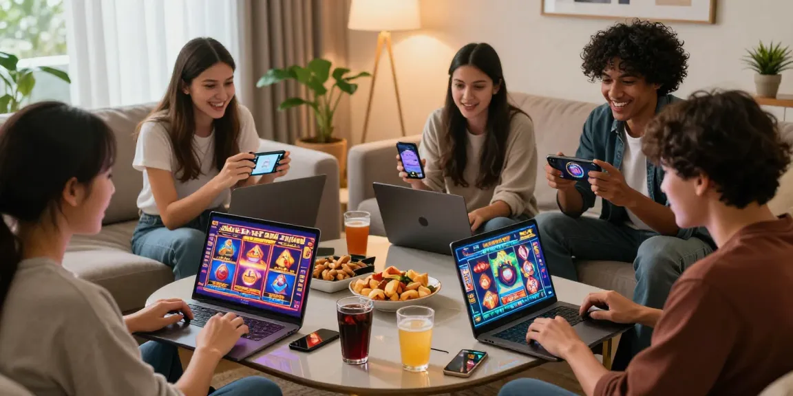 Situs slot raffi ahmad gaming scene with friends enjoying online slots in a modern living room.