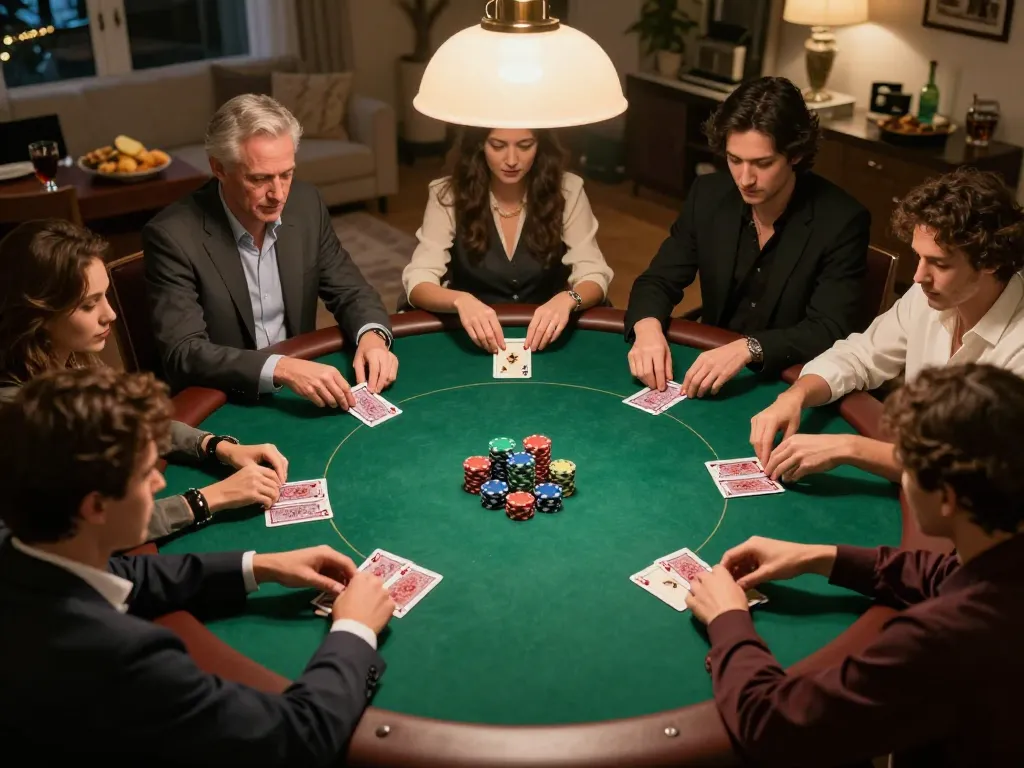 Bayi toto players enjoying a friendly poker game at home with chips and cards visible