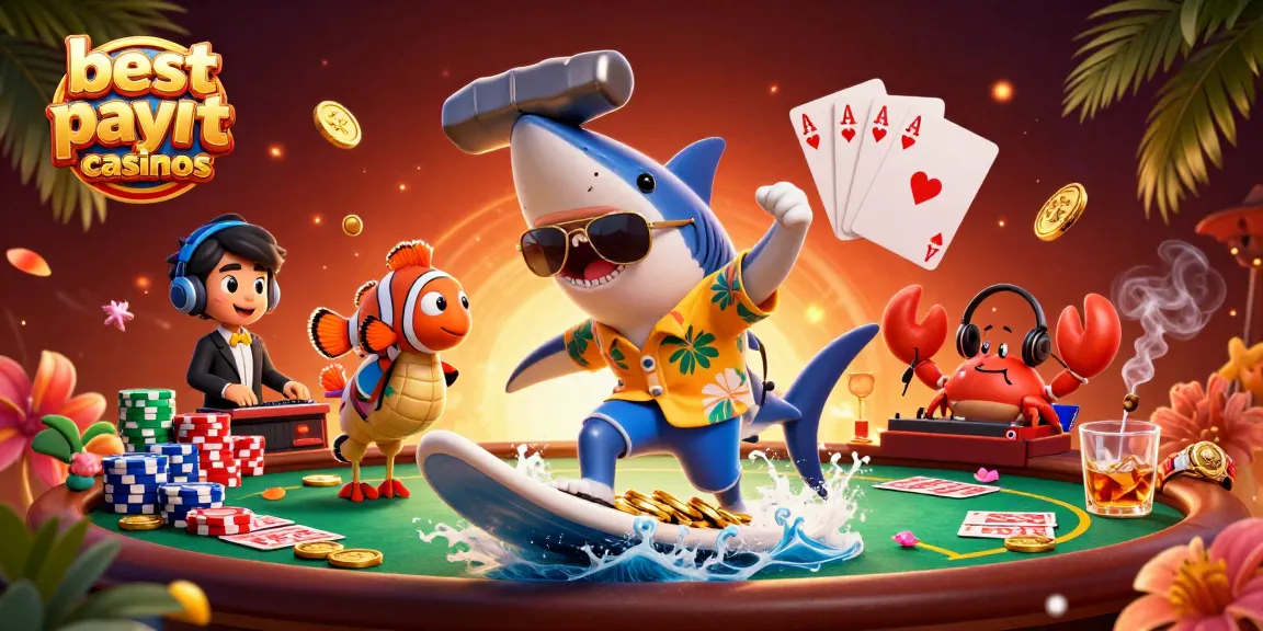 Experience the excitement at best payout casinos featuring a shark surfer and vibrant casino elements.