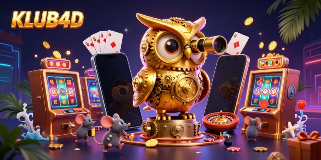 Permainan KLUB4D menampilkan burung hantu emas berputar yang memantau kasino dengan slot dan koin berwarna.