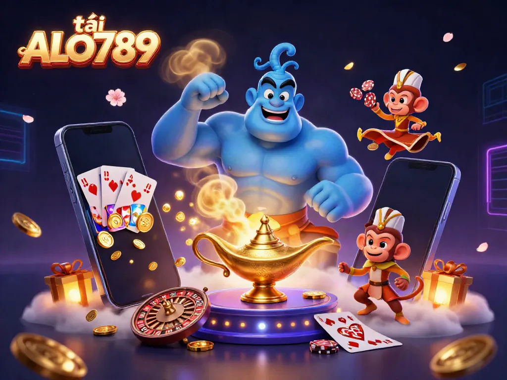 Experience thrilling gameplay with tải ALO789, featuring a dynamic 3D genie, poker chips, and colorful slot game elements.