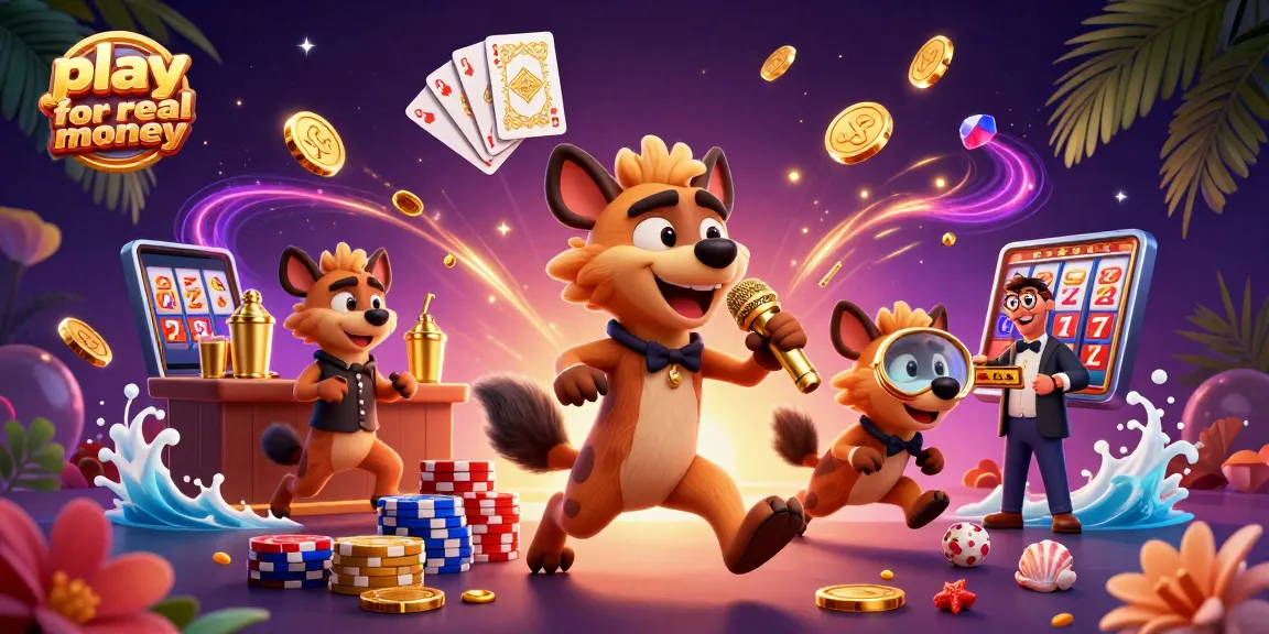 Exciting scene showcasing hyenas in a vibrant casino, encouraging players to play for real money.