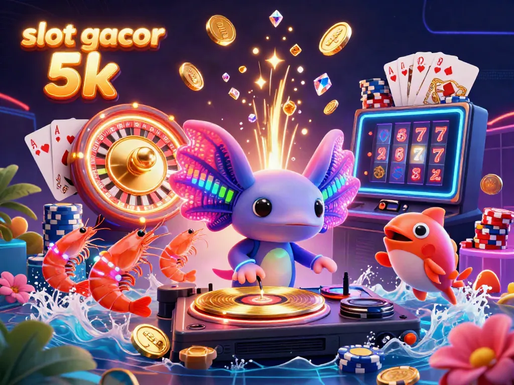 Slot gacor 5k dengan pemandangan ceria DJ aksolotl neon, udang menari, permainan kasino, dan koin emas bertebaran.