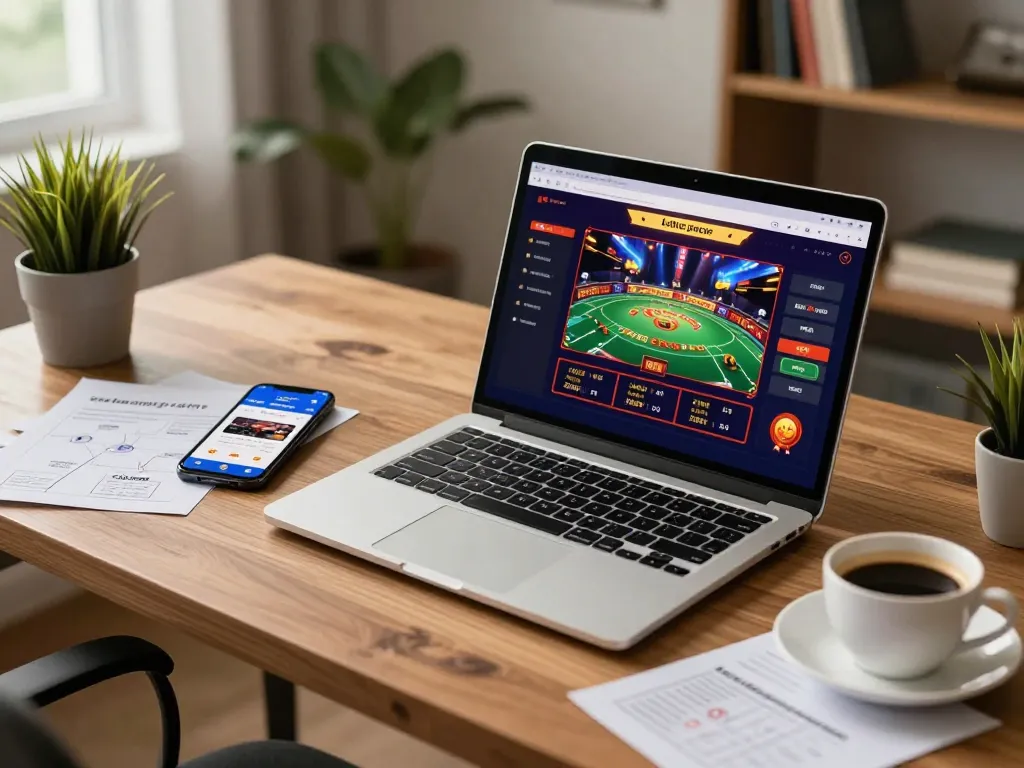 Engaging online gaming experience on situs gacor with laptop and smartphone in cozy setting.