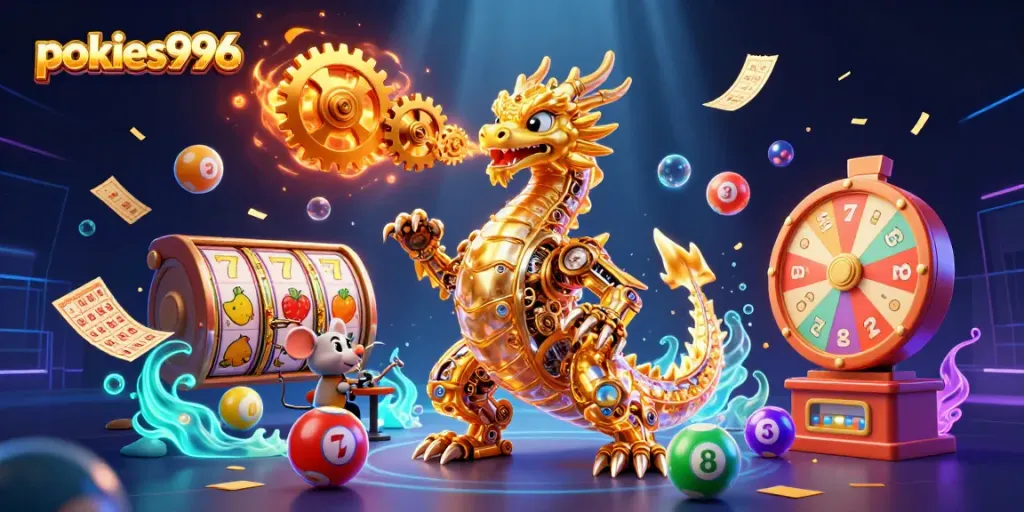 Experience thrilling gameplay at pokies996 with a golden dragon and vibrant casino elements.