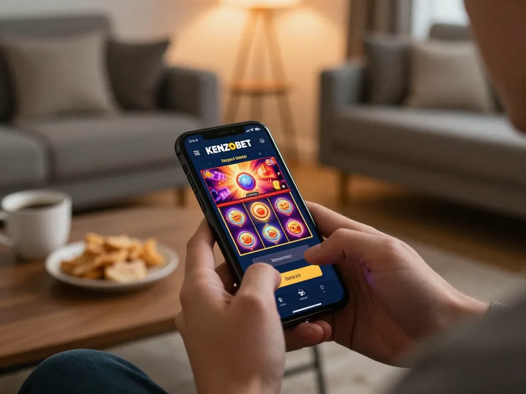 Logging into KENZOBET to access exciting online slot games in a cozy living room setting.