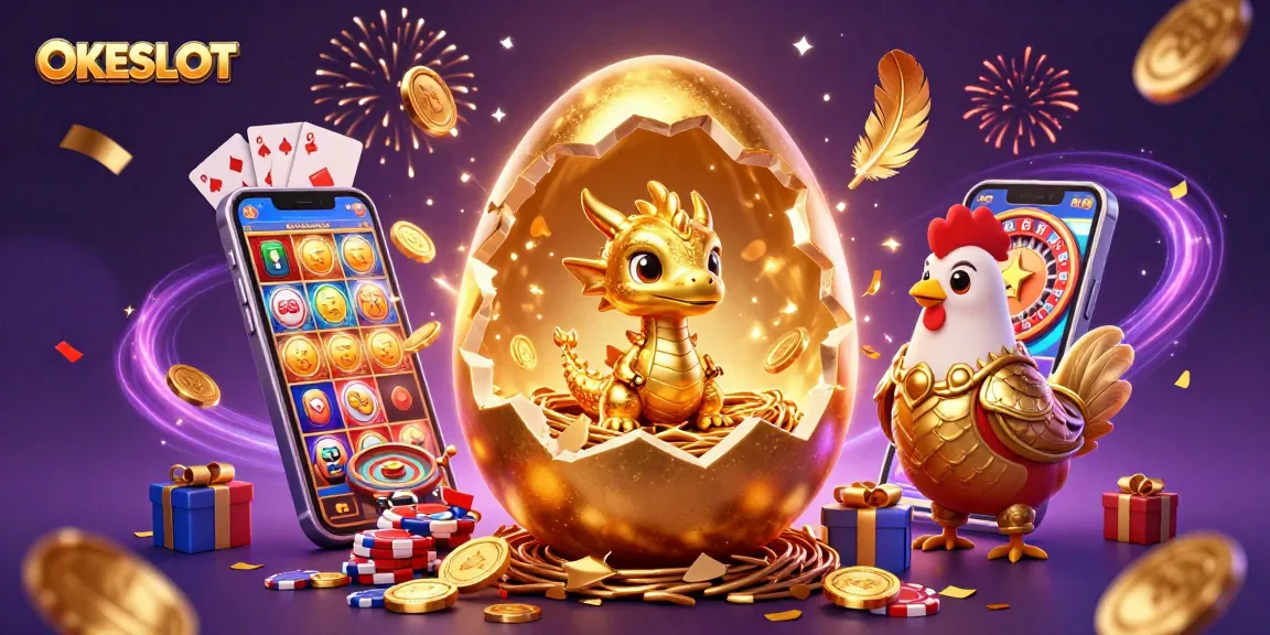 Menangkan permainan di OKESLOT dengan naga emas dan chip poker di latar belakang yang berkilauan.