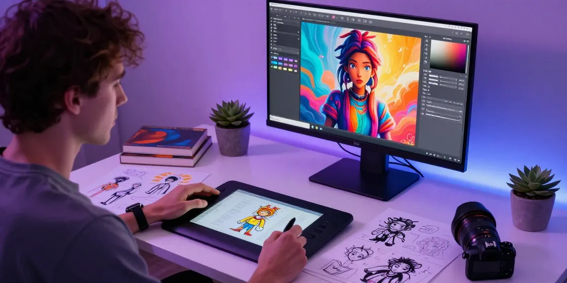 Artist designing unique ai nsfw images at a modern workstation with vibrant colors and creative tools.