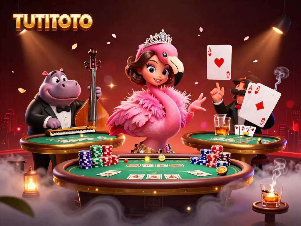 TUTITOTO showcases a lively 3D scene with a flamingo singer, hippo bassist, and dynamic casino elements.
