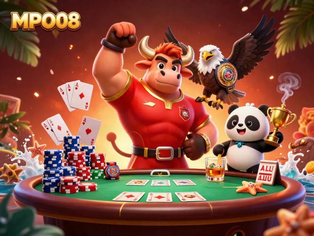 MPO08 showcases an exciting victory scene with a muscular bull, an eagle, and a panda amidst vibrant poker elements.