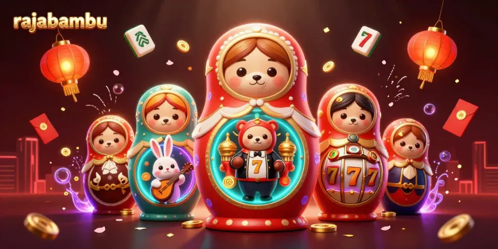 Permainan slot gacor rajabambu dengan karakter kartun dan elemen kasino.
