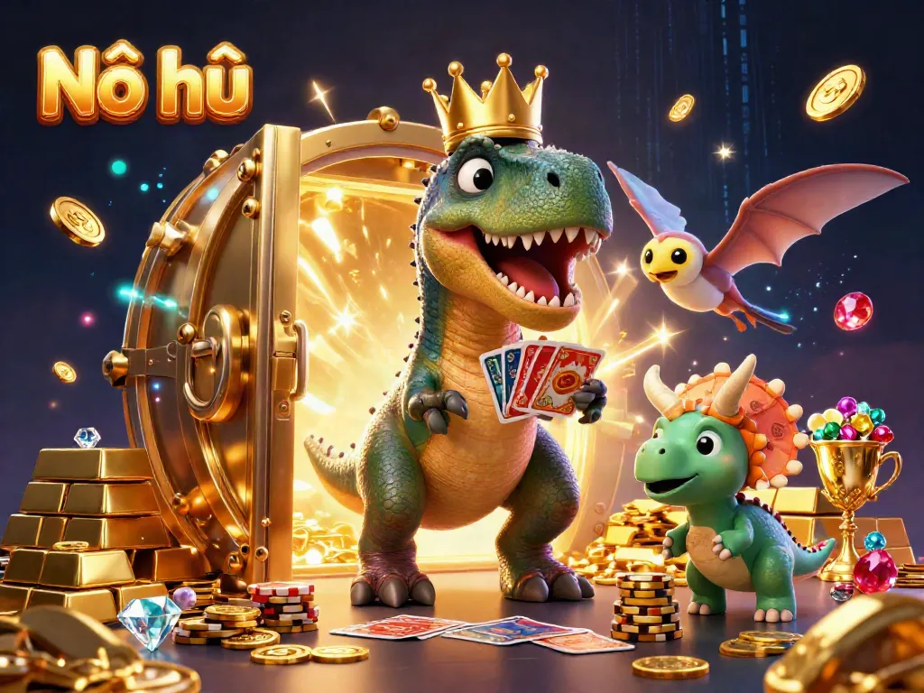 Nổ hũ game scene with friendly T-Rex and characters managing cards and chips for jackpot excitement