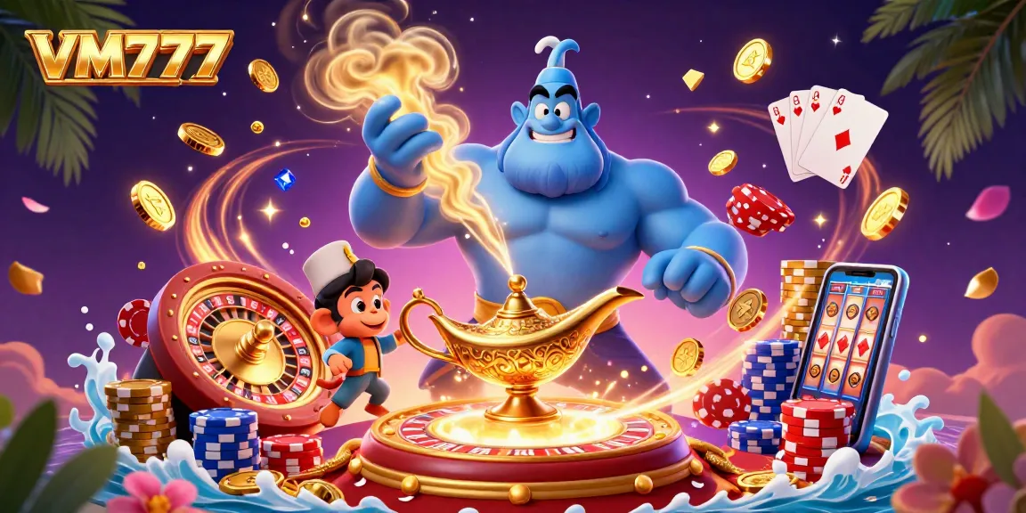 Experience the excitement of VM777 with a dynamic 3D casino scene featuring a mighty genie and magical elements.
