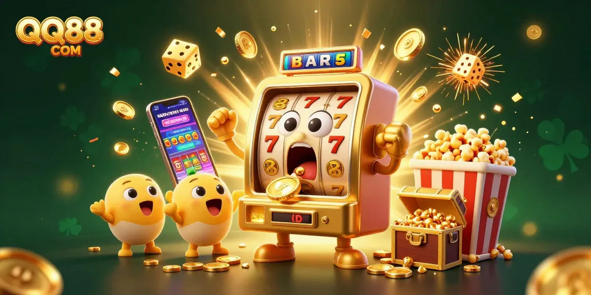 Win big at QQ88 COM with a vibrant jackpot celebration featuring lively cartoon slot machines and dazzling casino elements.