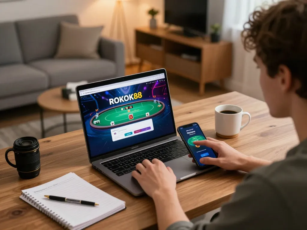 ROKOK88 login interface displayed on laptop while a player engages in strategic online gambling