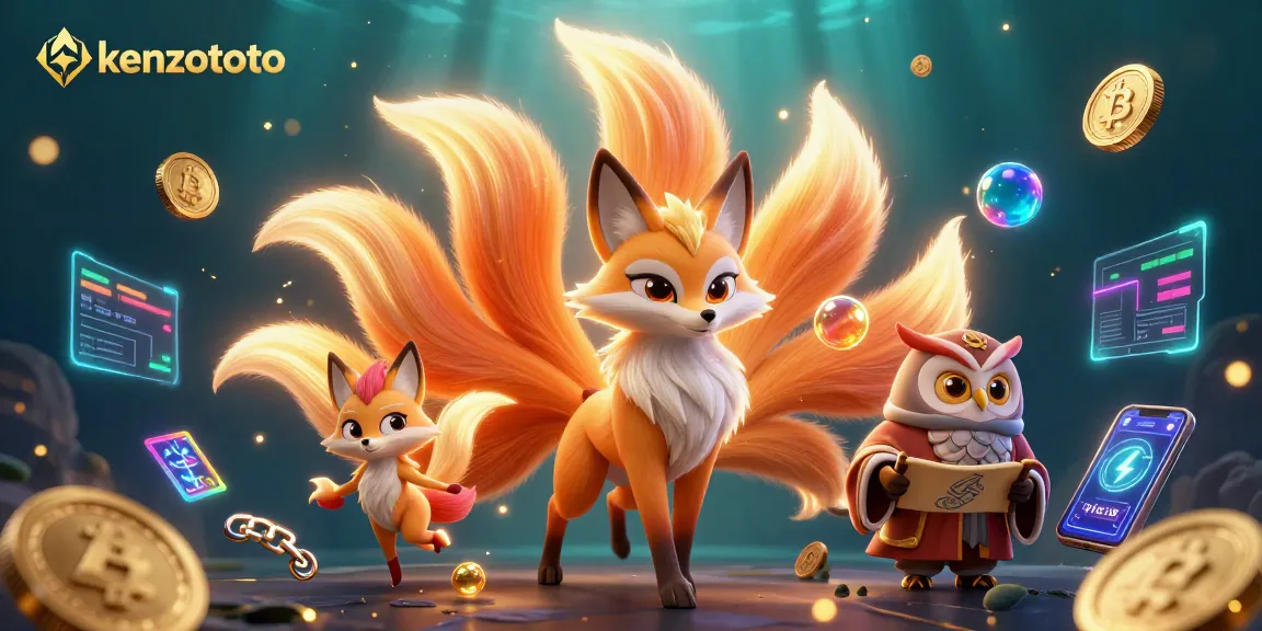 Experience winning strategies at kenzototo, showcasing vibrant spirits and glowing crypto elements in a casino surrealism style.