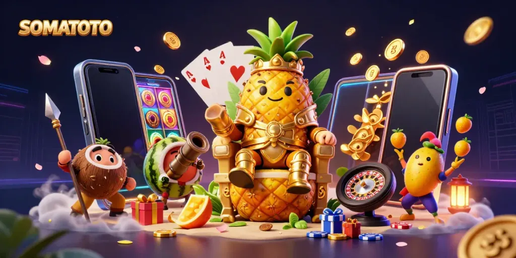 Engaging SOMATOTO illustration showcasing vibrant casino-themed characters and slot gaming elements.