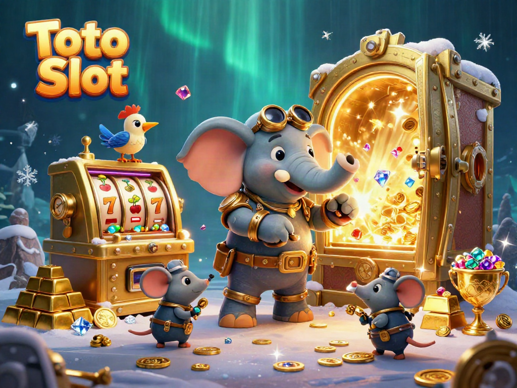 Mesin slot Toto Slot beroperasi oleh gajah teknik, dikelilingi kekayaan berkilauan.