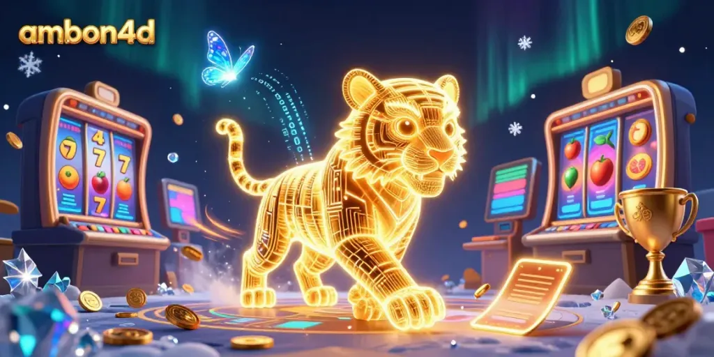 Experience thrilling gameplay with ambon4d in this rich 3D casino-themed illustration filled with vibrant elements.