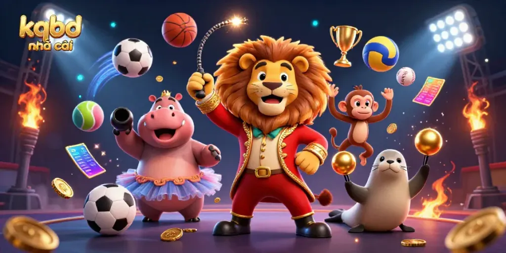 Engage with kqbd nhà cái in a vibrant, dynamic 3D circus-themed sports betting scene.