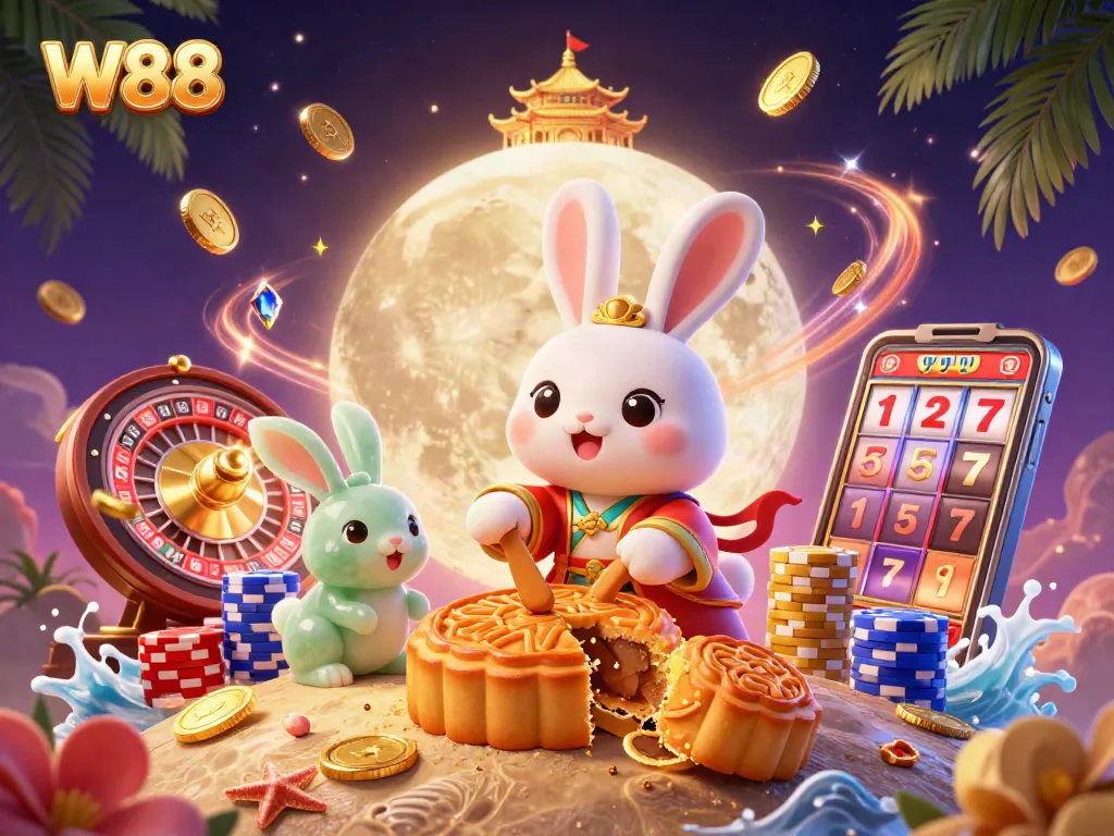 W88 casino illustration featuring a moon rabbit surrounded by vibrant gaming elements and rich graphics.