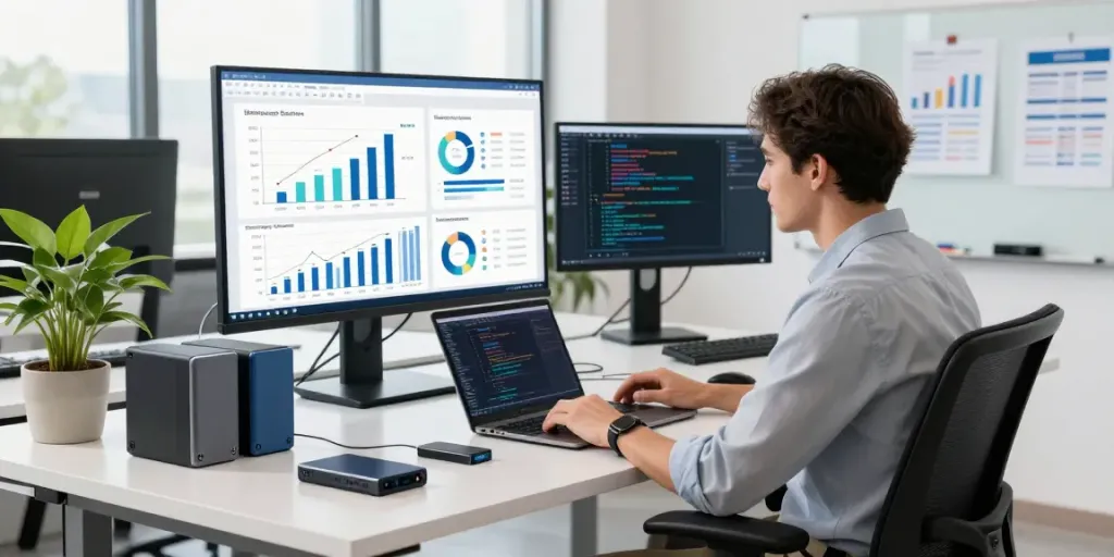 Data analyst analyzing jebol wd storage solutions in modern tech workspace