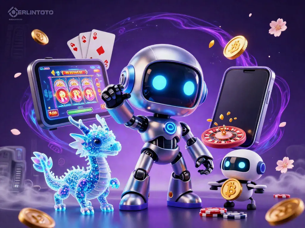 Bettors enjoying a vibrant 3D casino scene with BERLINTOTO elements, featuring characters and game symbols.