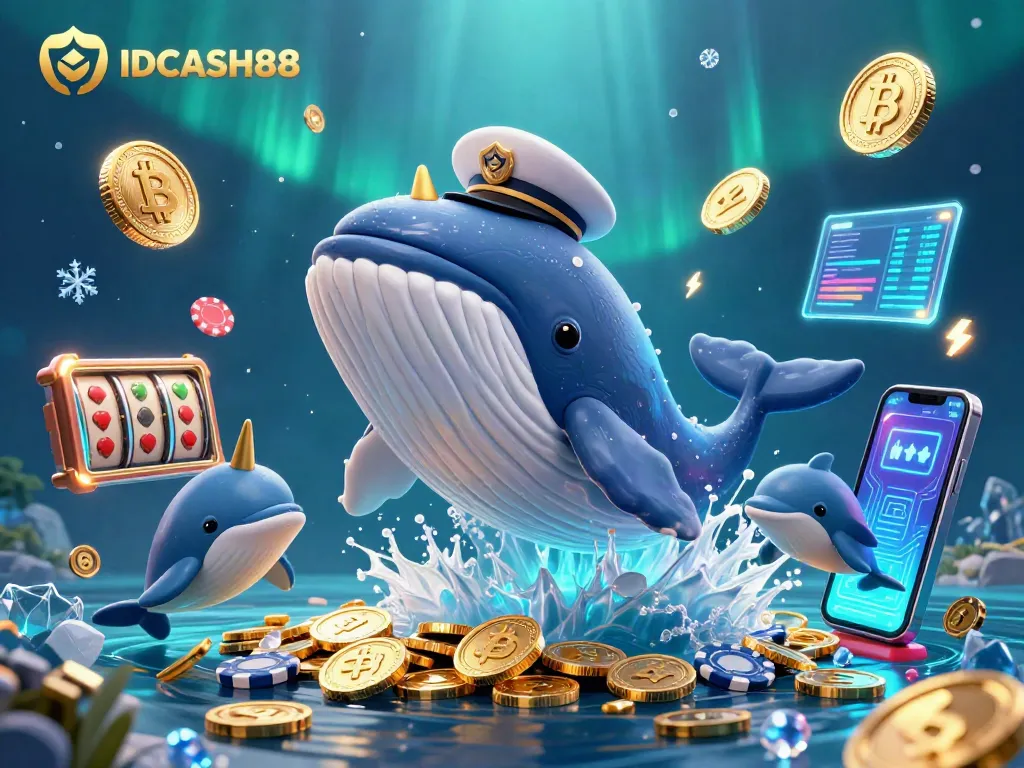 Engage with IDCASH88 in a vibrant 3D sea of slots and crypto, featuring playful marine characters.