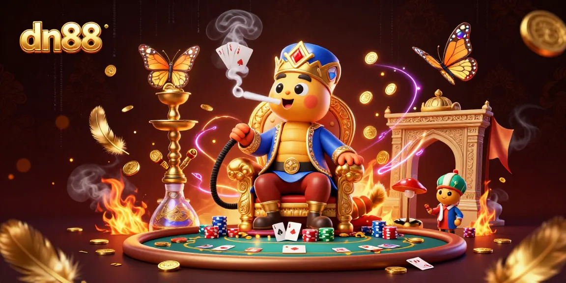 Win big with dn88 in a vibrant casino scene featuring a hookah-master and poker elements.