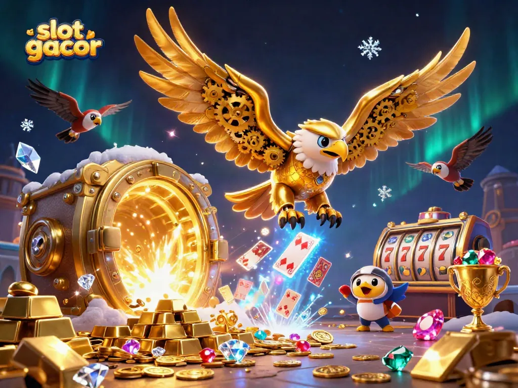 Engage with slot gacor featuring an exquisite 3D eagle amidst a treasure-filled casino scene.
