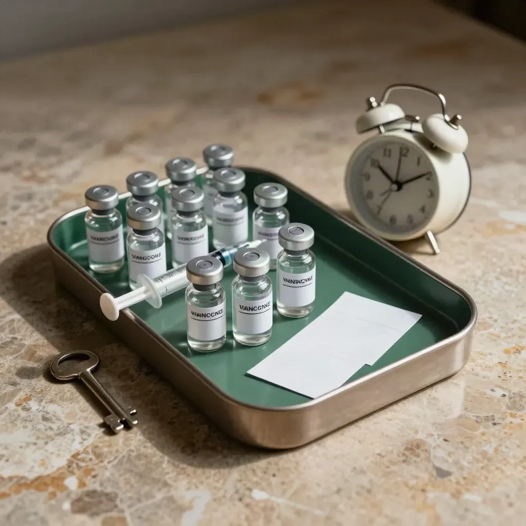 Tray vial vaksin, jarum suntik tertutup, jam alarm, dan token janji di atas batu.