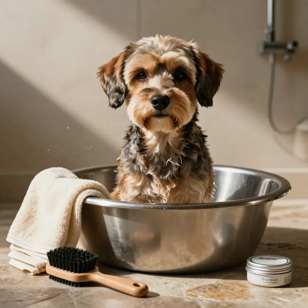 Anjing baru grooming di samping baskom stainless, handuk krem, sikat, dan balm kaki.