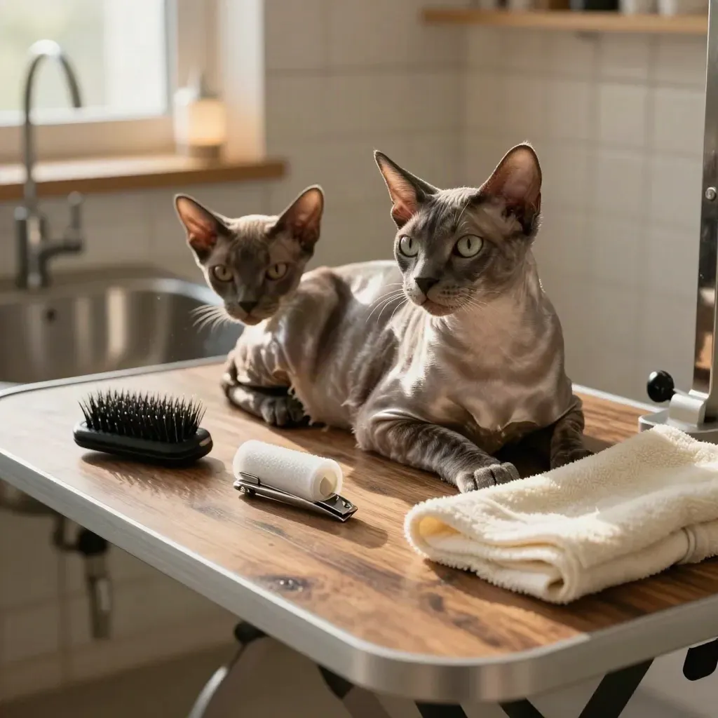 Kucing pendek rapi di meja grooming dengan sikat, pemotong kuku, dan selimut lembut.